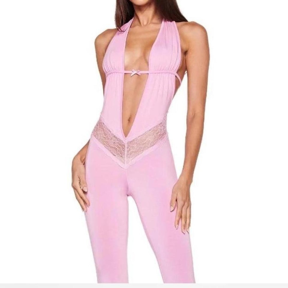 I.AM.GIA Pink Halter Jumpsuit Deep V-Neck Lace Trim Ruched Back Size L